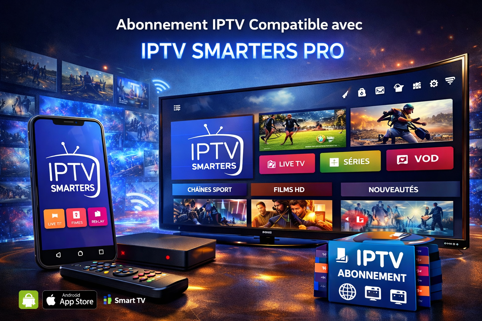 Abonnement IPTV compatible avec IPTV Smarters Pro sur Smart TV, Android et iOS, avec accès aux chaînes TV, films et séries en streaming HD.