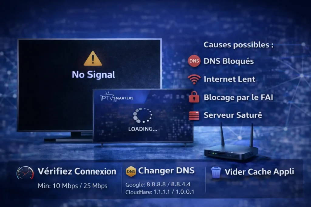 IPTV Smarters Pro affichant écran noir et message loading sur Smart TV en cas de problème de chargement des chaînes