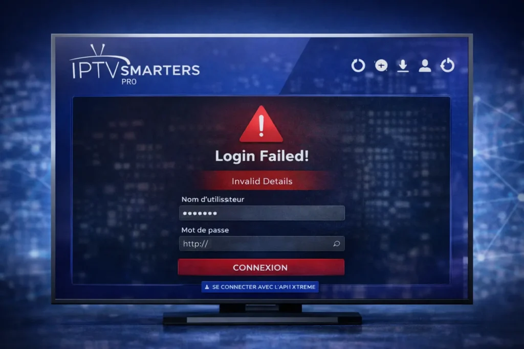 IPTV Smarters Pro affichant le message Login Failed sur une Smart TV lors d’un problème de connexion
