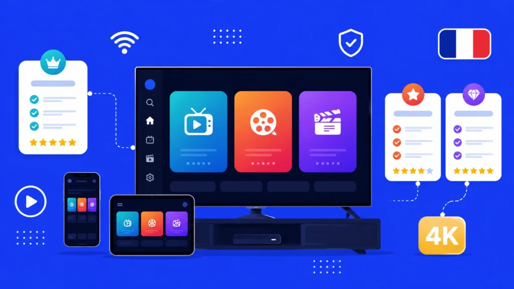 Illustration comparant les meilleurs abonnements IPTV en France en 2026 avec écran TV, cartes d'offres et badge 4K