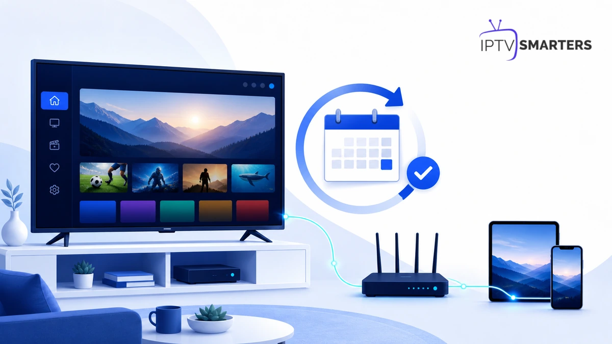 Renouveler abonnement IPTV avec télévision, calendrier, flèche de renouvellement, routeur et appareils connectés