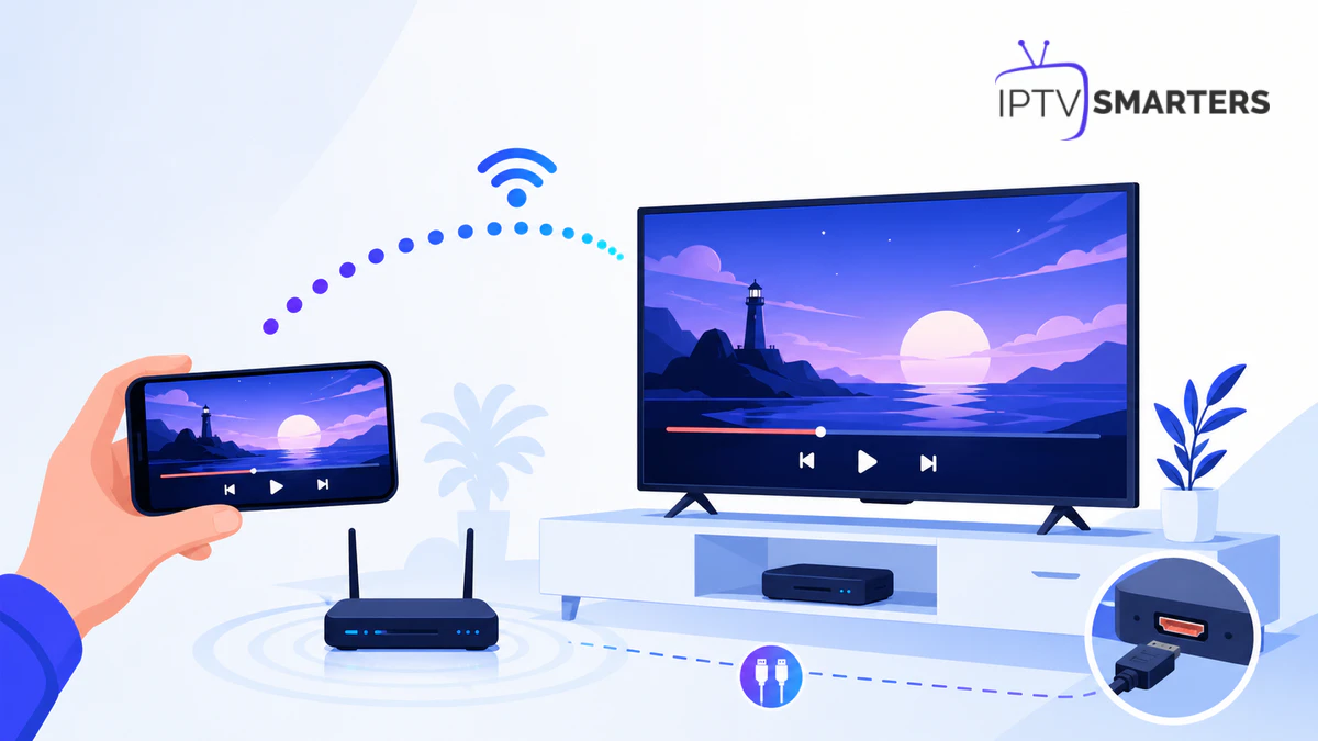 Caster IPTV Smarters Pro depuis un téléphone vers une télévision avec Wi-Fi et HDMI