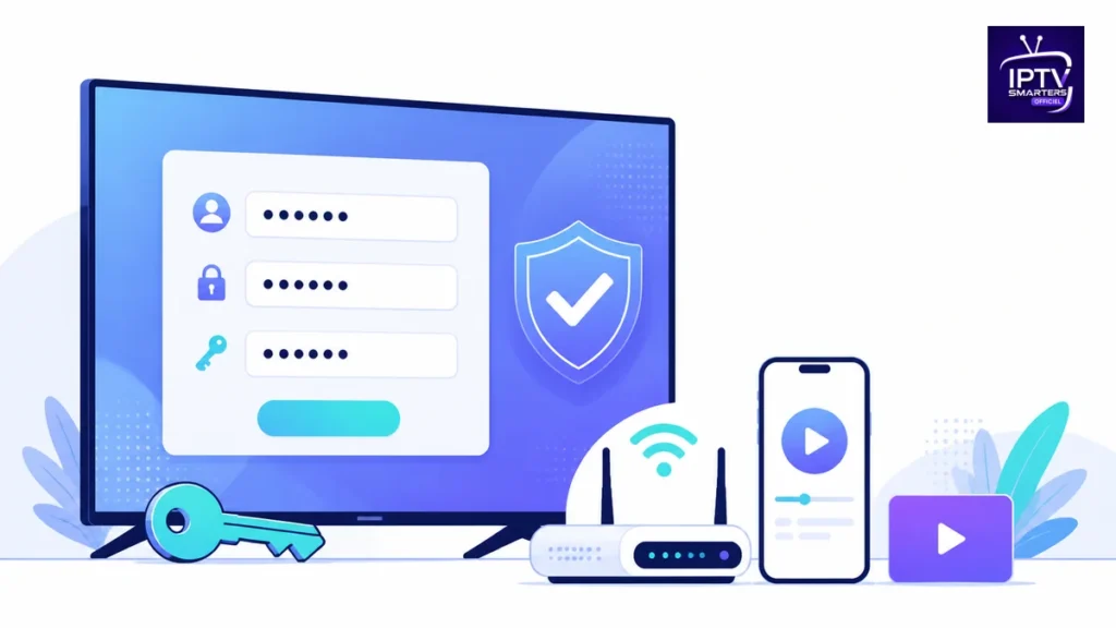 Code IPTV sécurisé avec télévision, champs de connexion, clé, routeur et smartphone