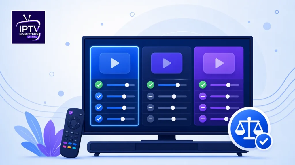 Comparatif lecteurs IPTV 2026 sur un téléviseur avec le logo IPTV Smarters Officiel