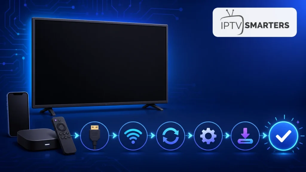 Écran noir IPTV Smarters Pro avec diagnostic HDMI, lecteur, réseau et appareil