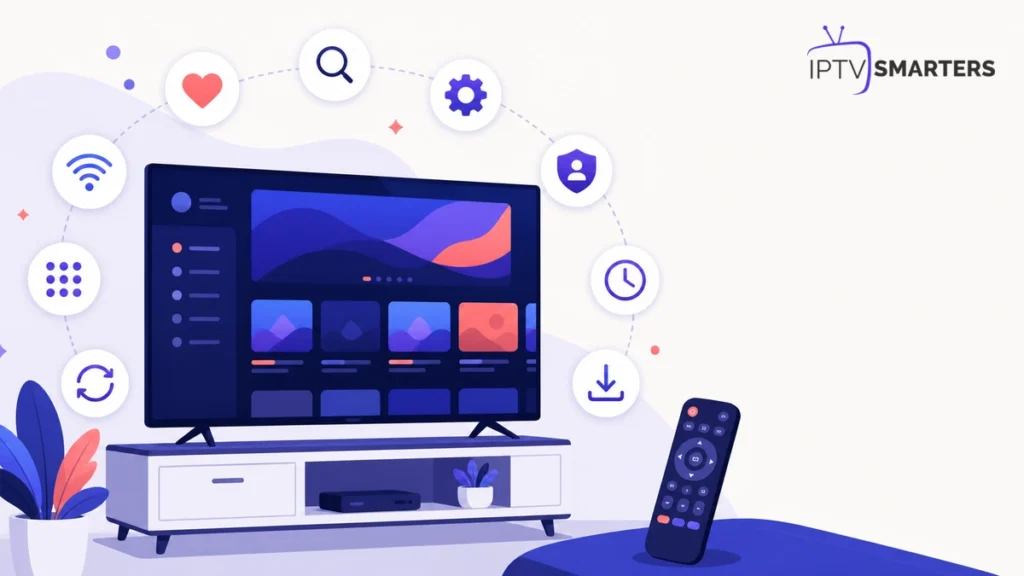 Astuces IPTV Smarters Pro représentées par un écran, des favoris et des réglages
