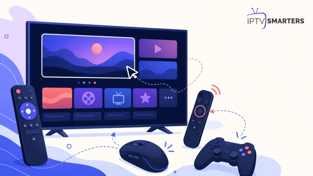 Télécommande IPTV Smarters Pro avec souris et manette devant un téléviseur