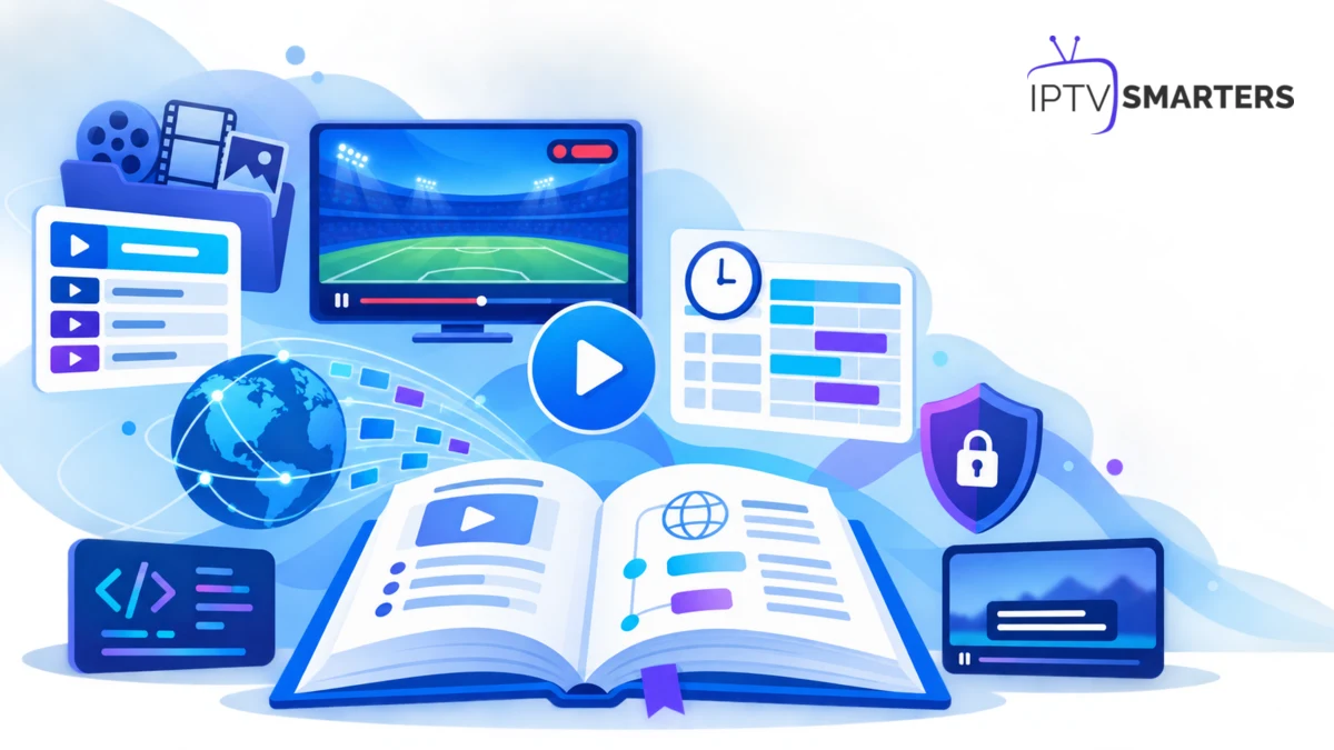Glossaire IPTV illustré avec M3U, EPG, VOD, codec, débit et sécurité