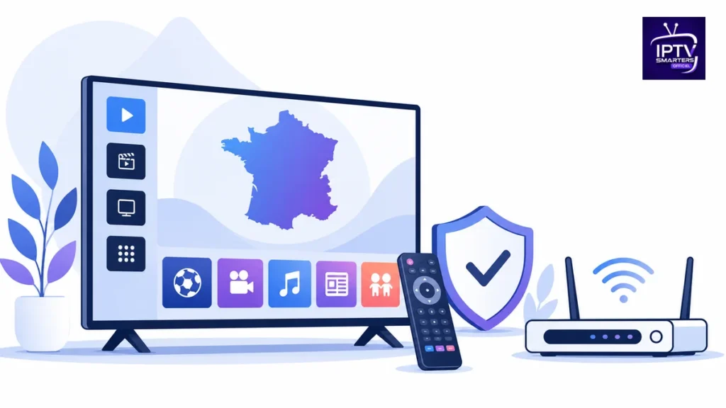 IPTV France en 2026 avec télévision, carte de France, routeur et contrôle légal