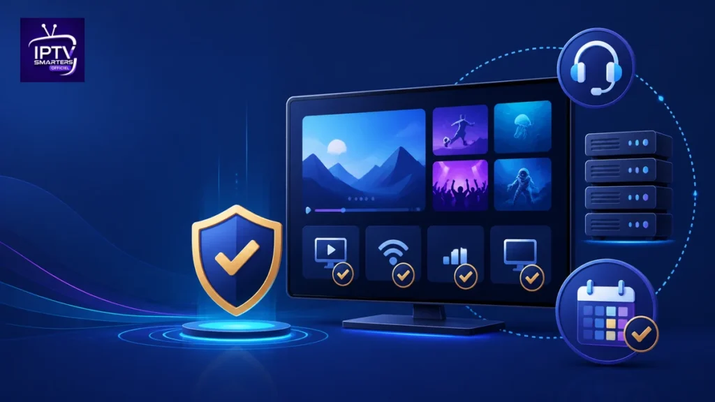 IPTV Premium avec écran, serveurs stables, assistance et protection