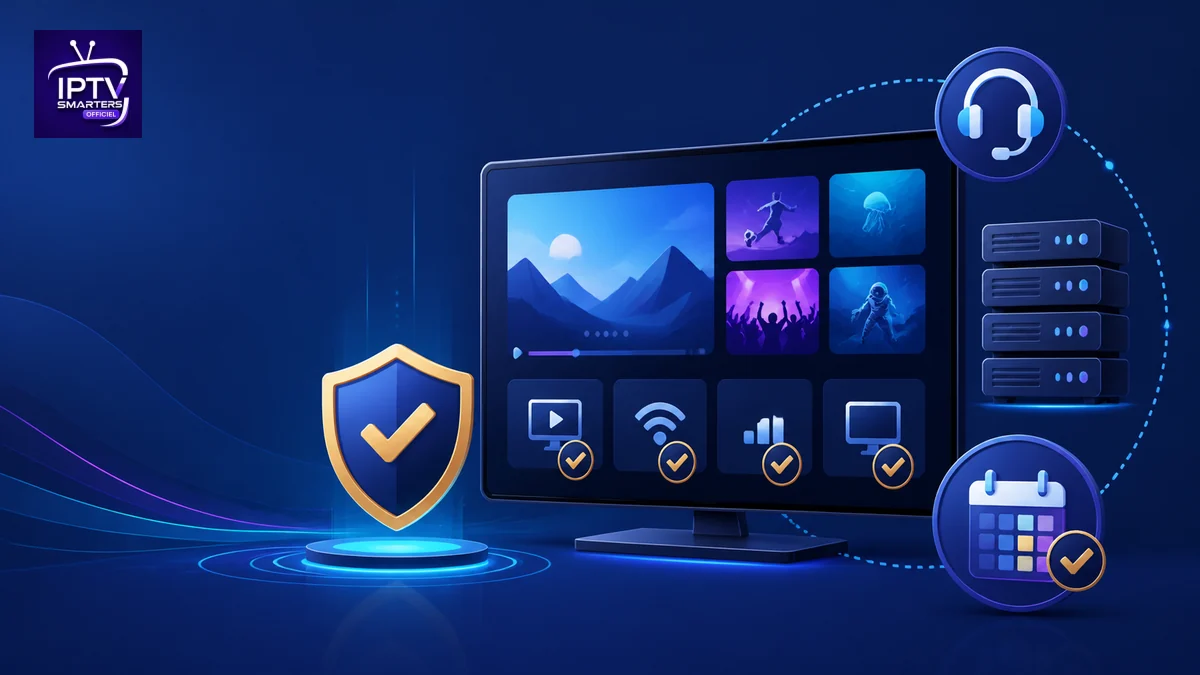 IPTV Premium avec écran, serveurs stables, assistance et protection