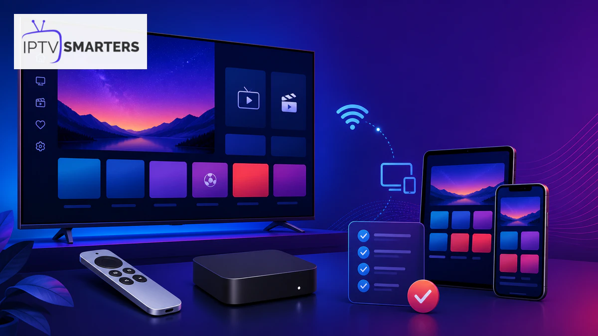 IPTV Smarters Pro Apple TV avec téléviseur, boîtier, télécommande, appareil mobile, AirPlay et liste de contrôle