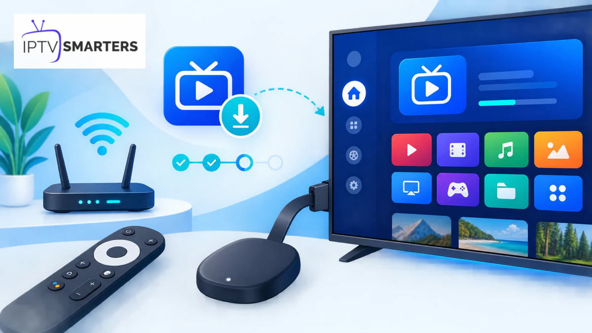 IPTV Smarters Pro Chromecast avec Google TV, télévision, appareil HDMI, télécommande et installation