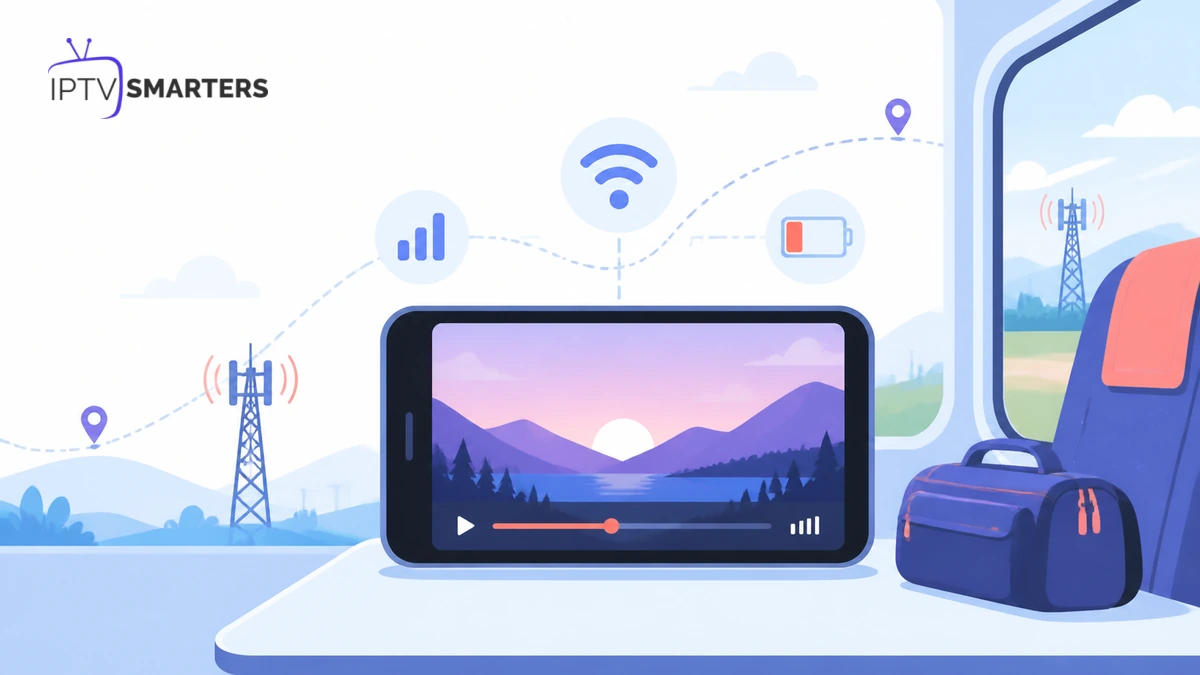 IPTV Smarters Pro mobile utilisé en déplacement avec smartphone, réseau 5G, Wi-Fi et batterie