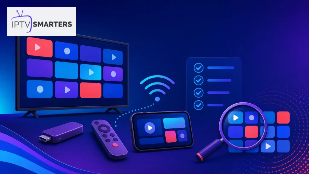 IPTV Smarters Pro Roku avec télévision, appareil de streaming, télécommande, smartphone, recopie d’écran et vérification du Store