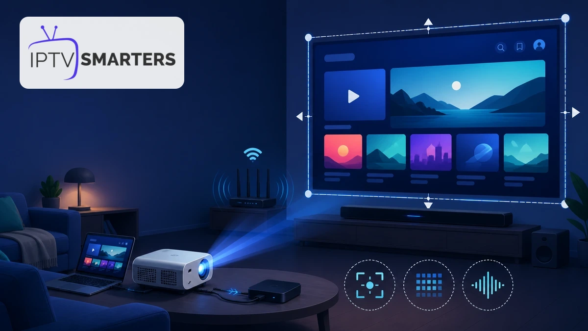 IPTV Smarters Pro sur vidéoprojecteur avec HDMI, box, routeur et barre de son