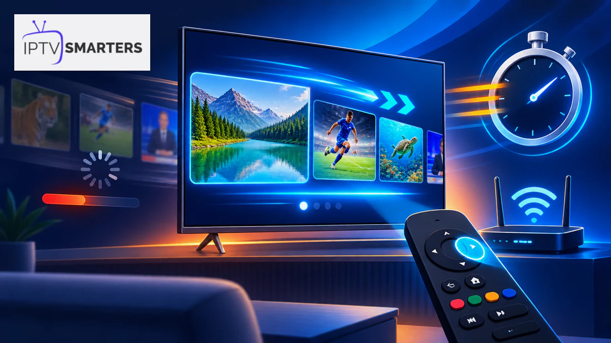 Latence zapping IPTV avec télévision, changement de chaînes, télécommande, chronomètre et routeur