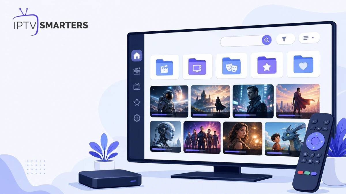 Bibliothèque VOD IPTV Smarters Pro organisée avec catégories, recherche, favoris, séries et télécommande