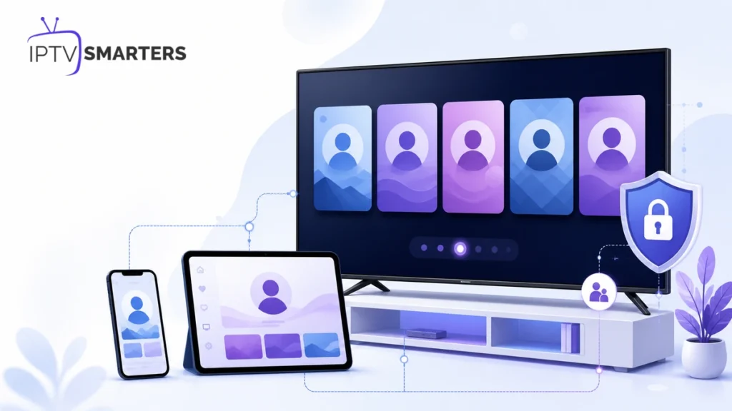 Profils IPTV Smarters Pro multiples sur téléviseur, tablette et smartphone avec contrôle parental
