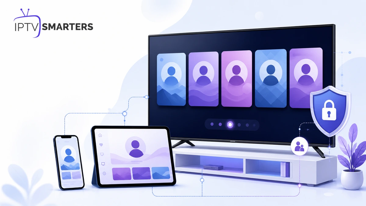 Profils IPTV Smarters Pro multiples sur téléviseur, tablette et smartphone avec contrôle parental