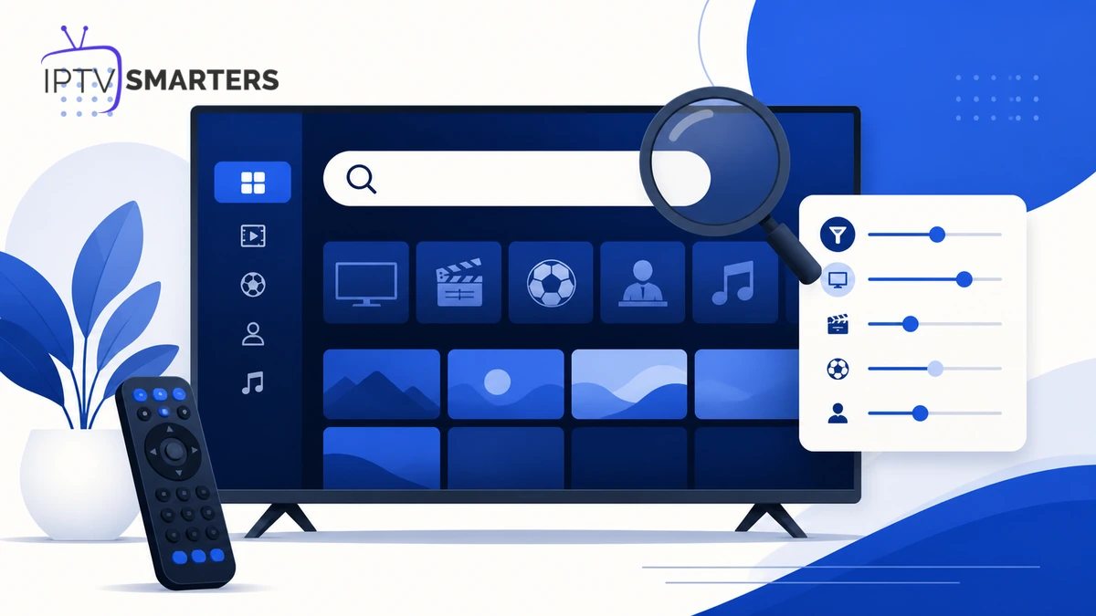 Recherche IPTV Smarters Pro avec loupe, filtres, catégories et télécommande