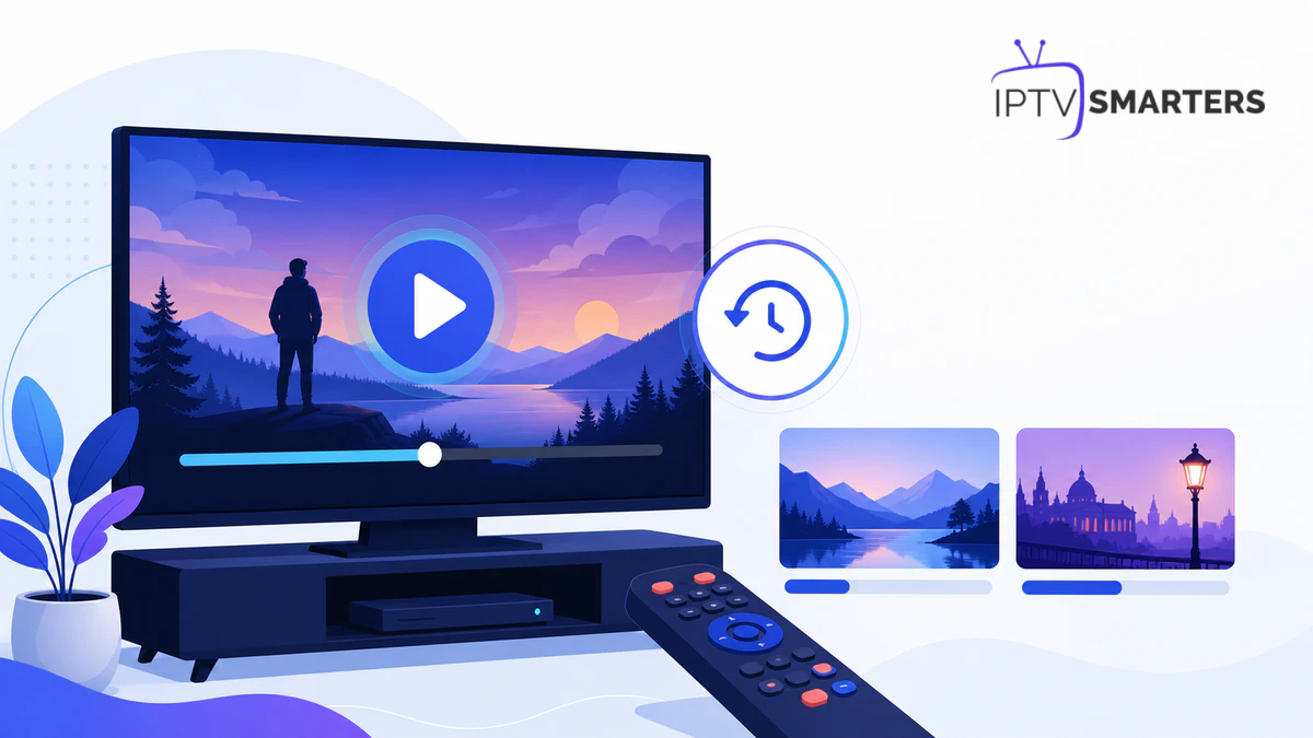 Reprise lecture VOD IPTV avec film en pause, barre de progression et historique