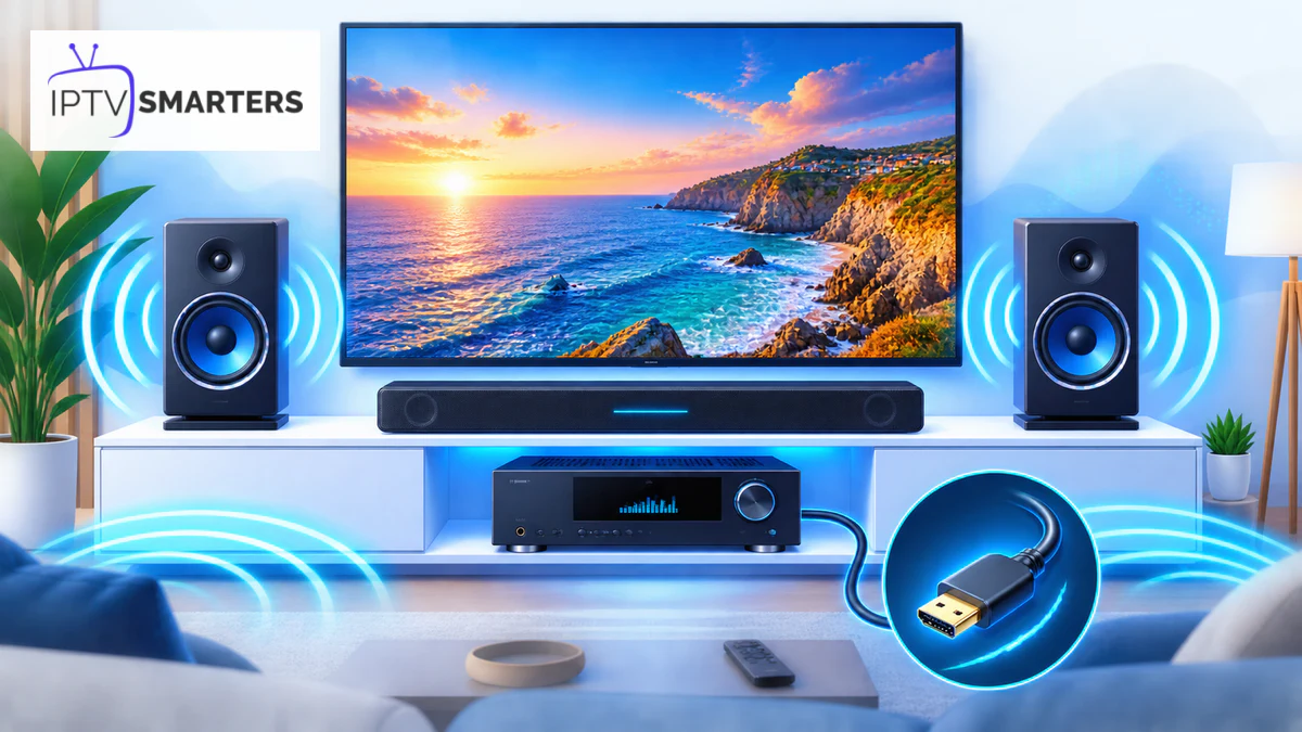 Son home cinéma IPTV avec télévision, barre de son, enceintes, amplificateur et câble HDMI