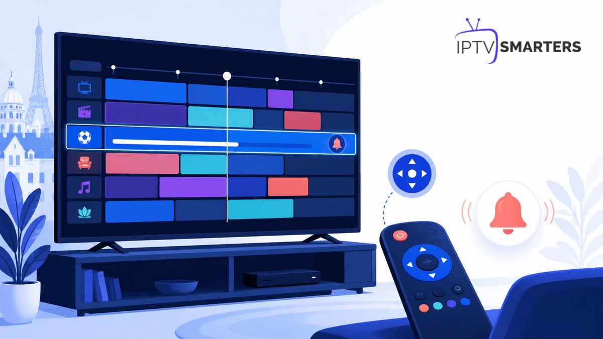 Guide des programmes IPTV avec grille EPG, horaire actuel, rappel et télécommande