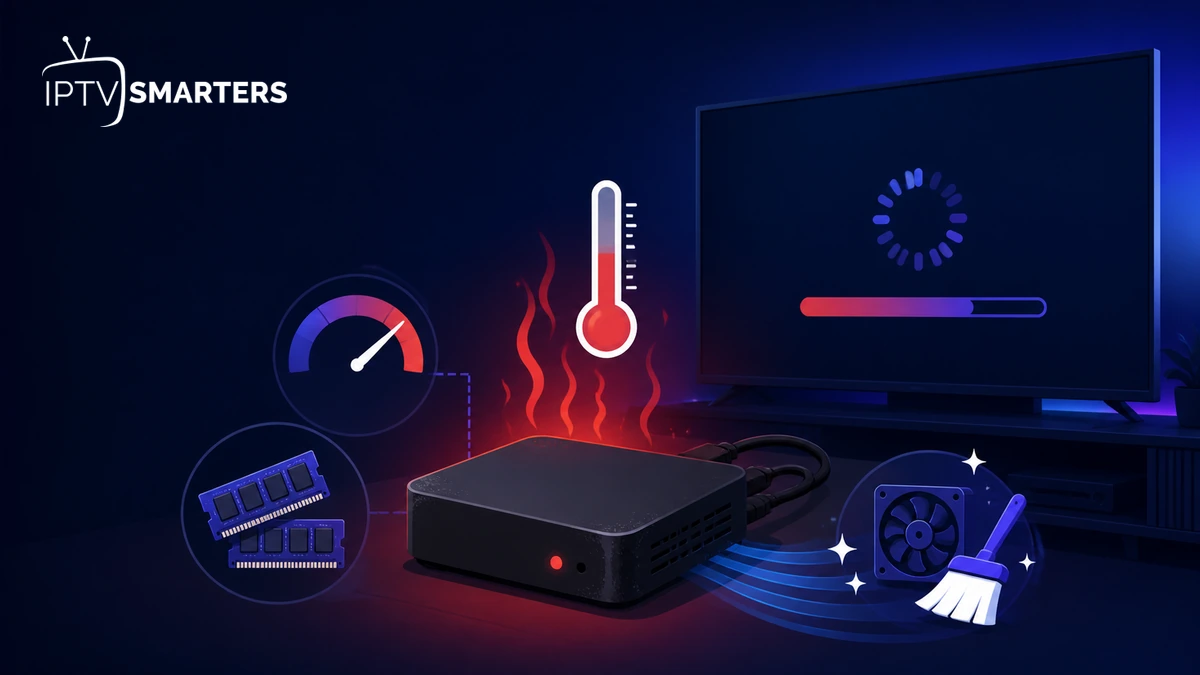 Vieux boîtier IPTV Smarters Pro lent avec surchauffe, stockage saturé et diagnostic de performance