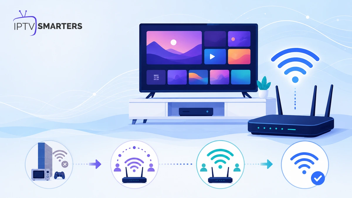 IPTV Smarters Pro wifi avec télévision, routeur et diagnostic de stabilité du signal