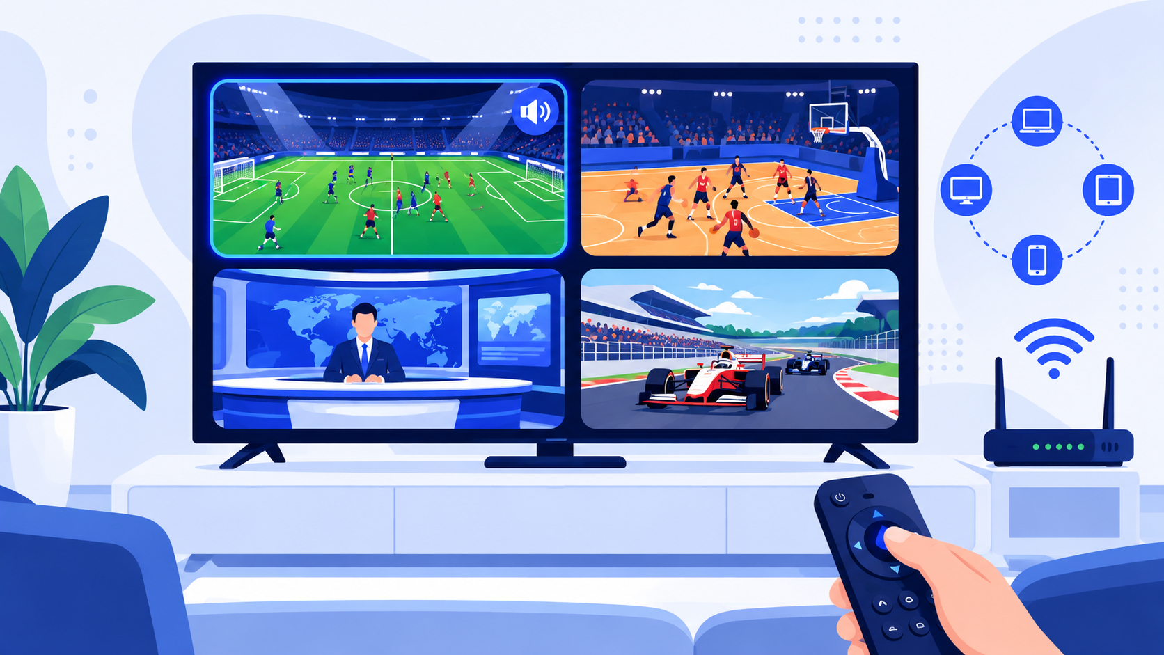 Multi-écran IPTV Smarters Pro : quatre chaînes affichées simultanément sur un téléviseur