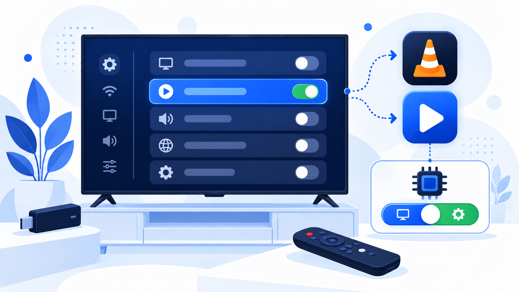 Lecteur externe IPTV Smarters Pro : choix entre lecteur intégré, VLC et MX Player et réglage du décodeur